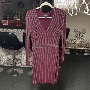 Xscape Burgundy Studded Long Sleeve Dress size 10